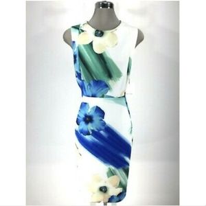 Calvin Klein Floral Print Scuba Sheath Blue/Green
